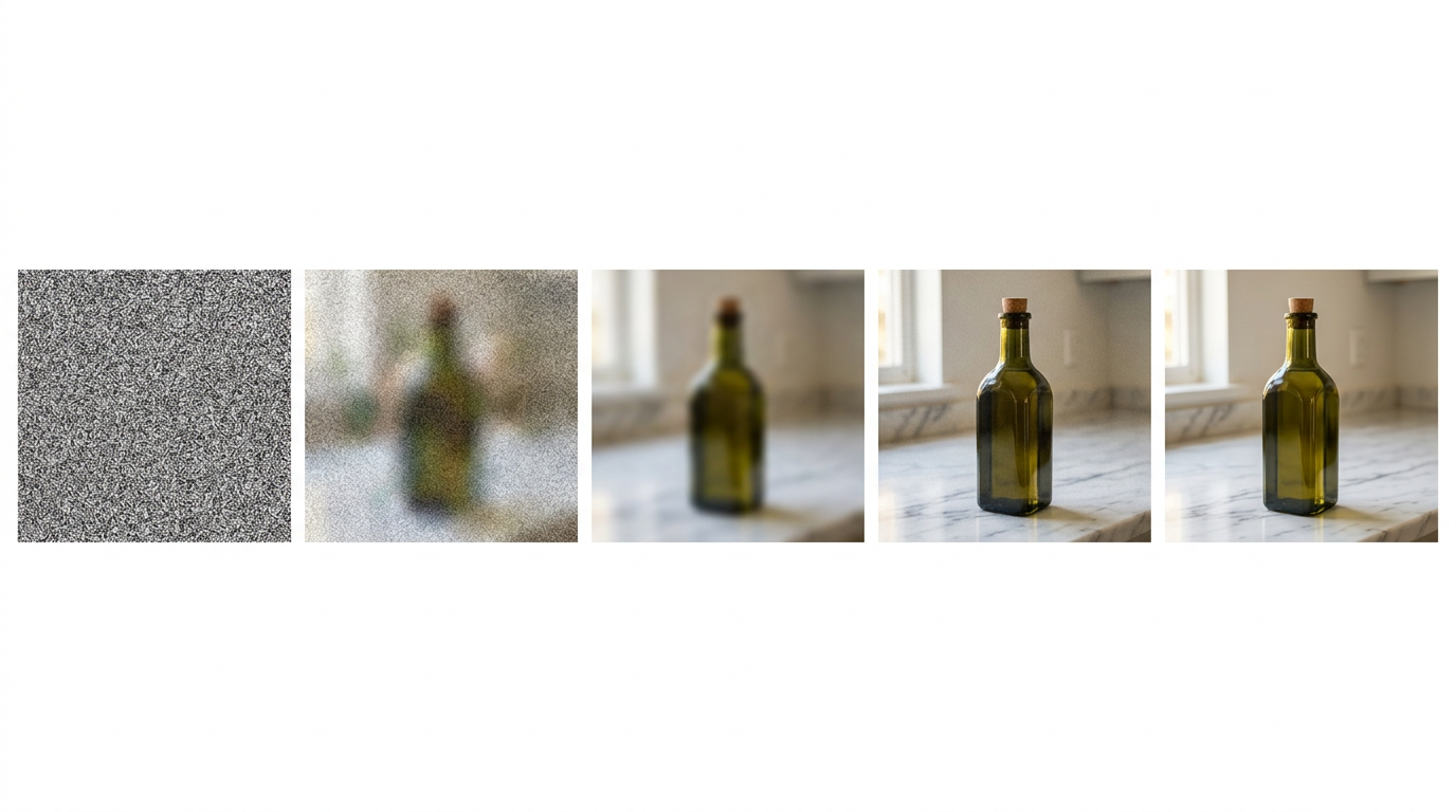 Five frames left to right: pure grey static, faint color blobs, a rough layout of a bottle on a counter, a mostly clear image, and a crisp finished photo.