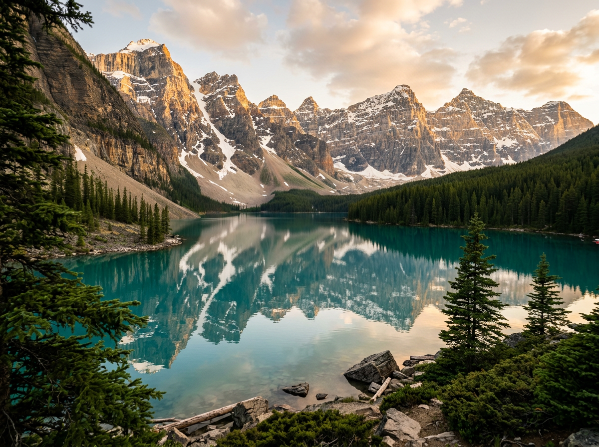 Alpine mountain lake at golden hour