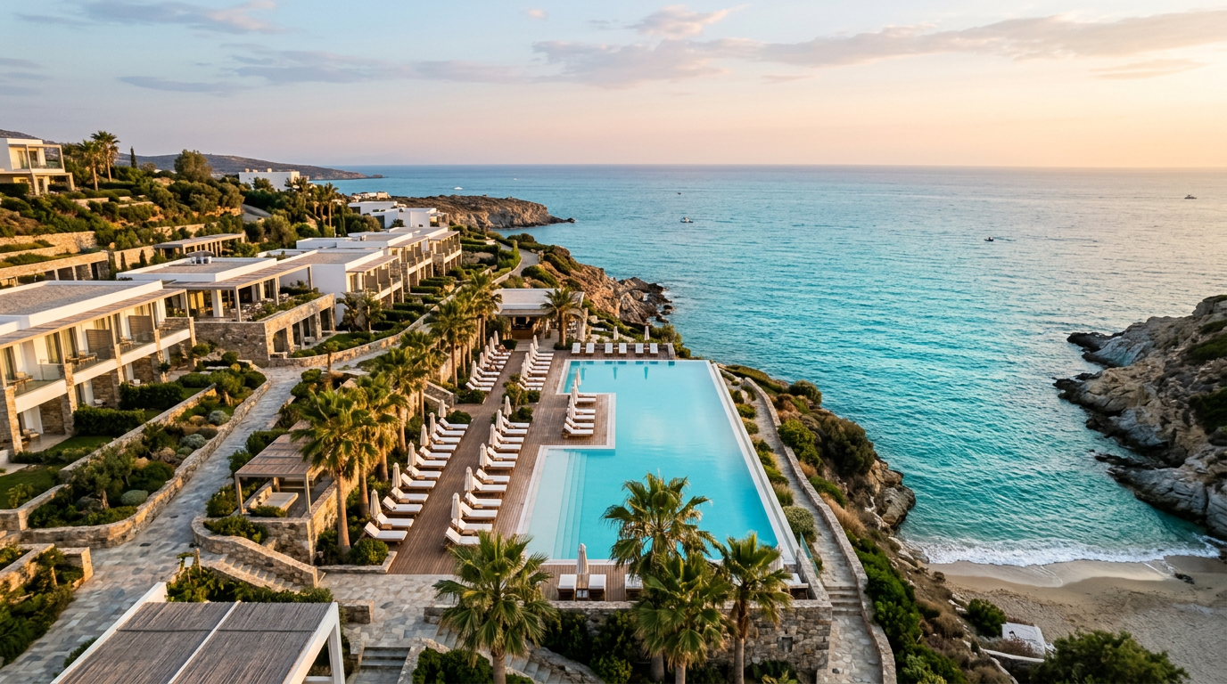 Aerial drone frame of a coastal resort with an infinity pool